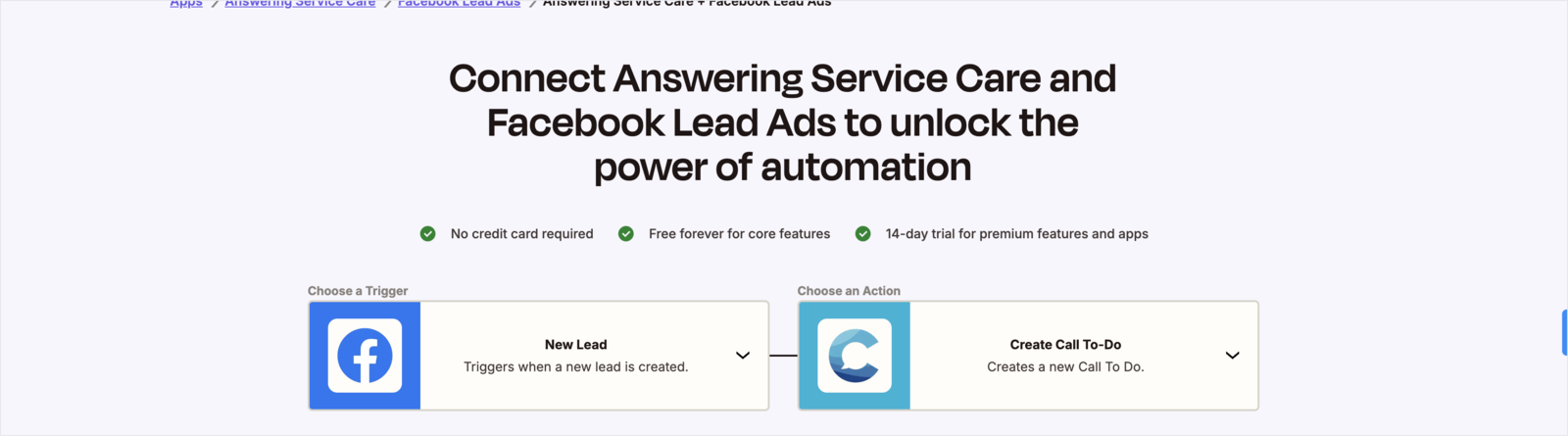 A Zapier integration connecting Facebook Lead Ads to Answering Service Care: a new lead triggers Create Call To-Do